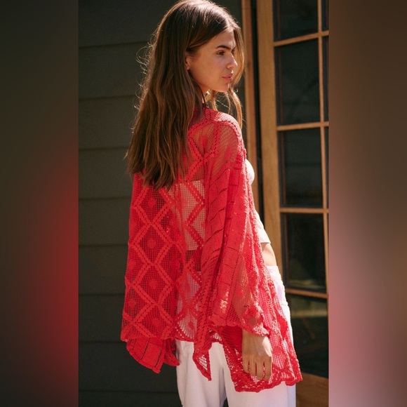 Free People Sweaters - ❤️Free People Bold Red. Off The Coast Crochet Layer NWT hard to find one size ❤️